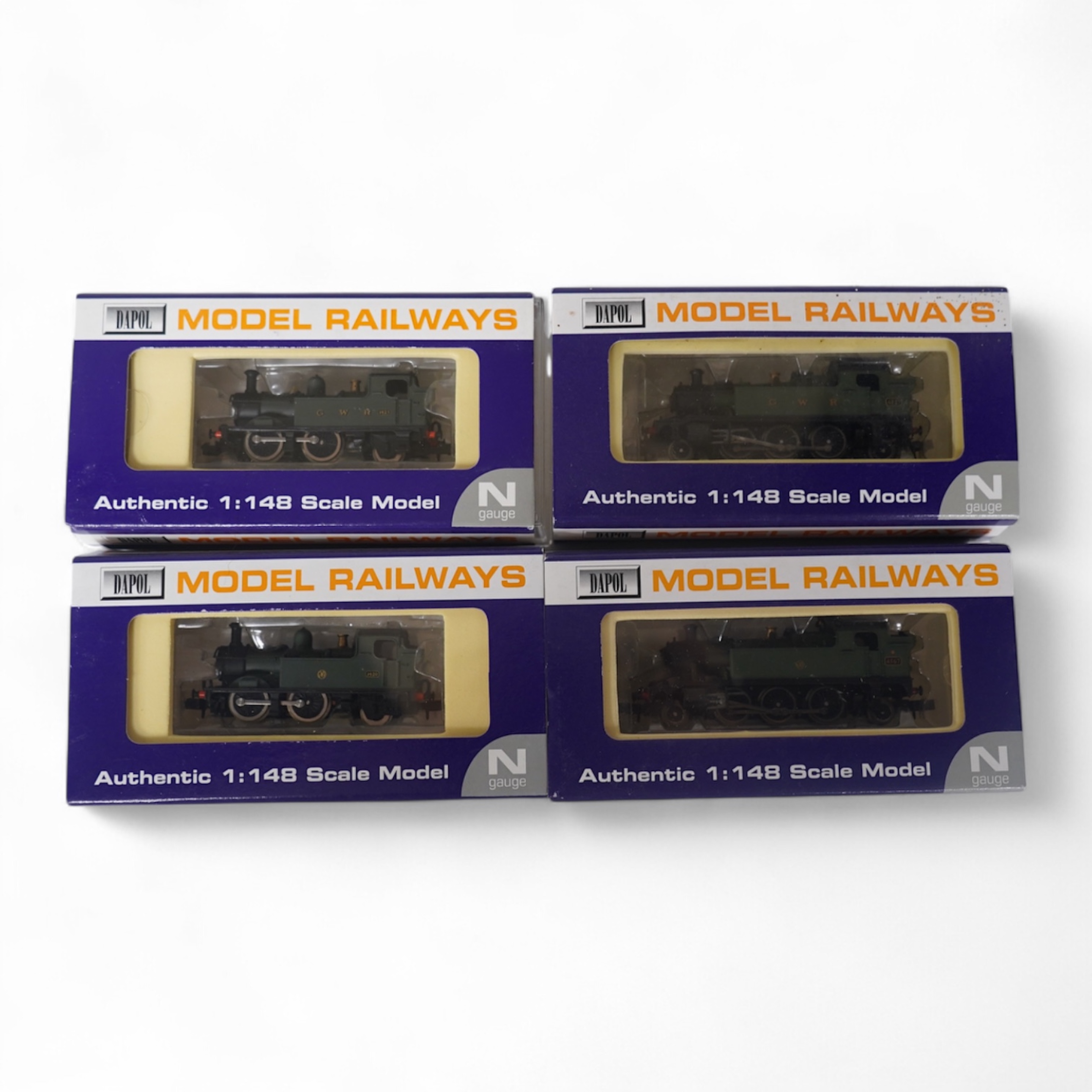 Four boxed Dapol N gauge railway GWR locomotives; two Class 14xx, 1425 (ND001) and 1420 (ND004), together with two Class 45xx, 4567 (ND-020) and 4527 (ND-023). Condition - good.